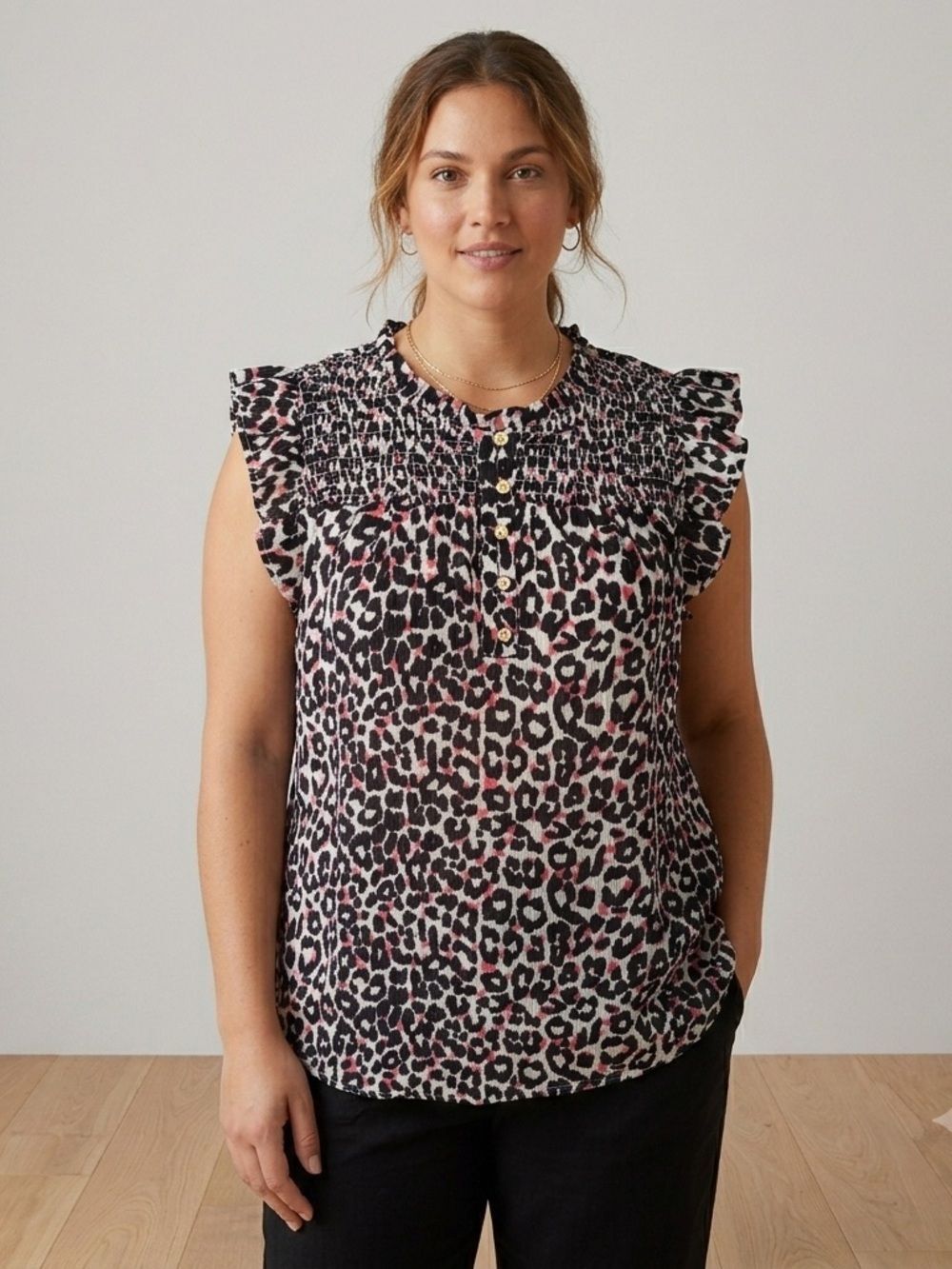 LOFT Black, White & Pink Leopard Print Button front smocked Blouse, size Medium